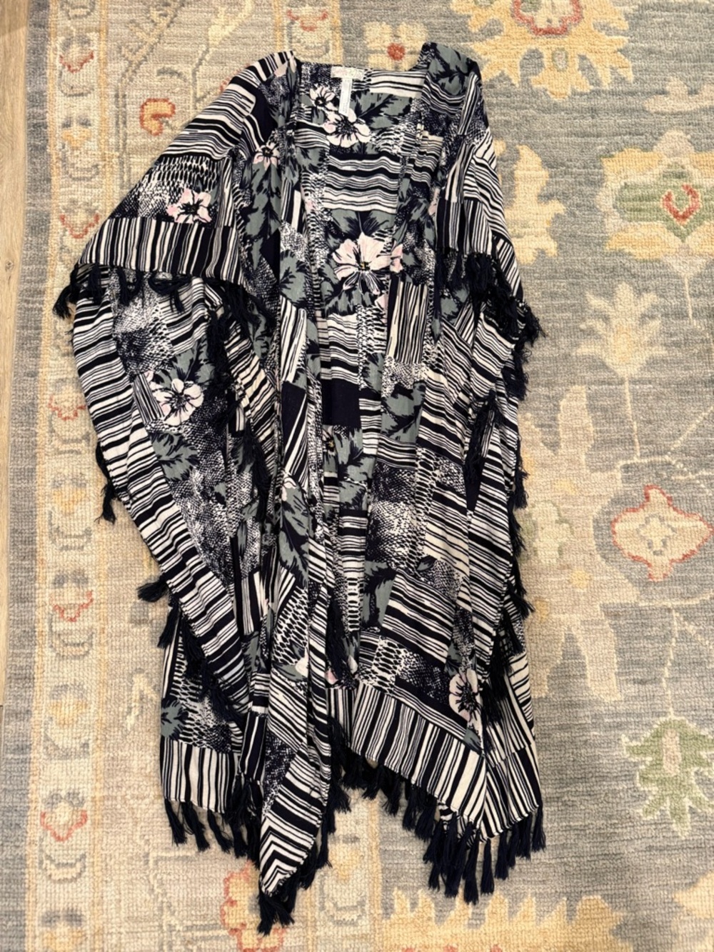 Free People Black & White Floral Stripe Fringe Kimono Cape